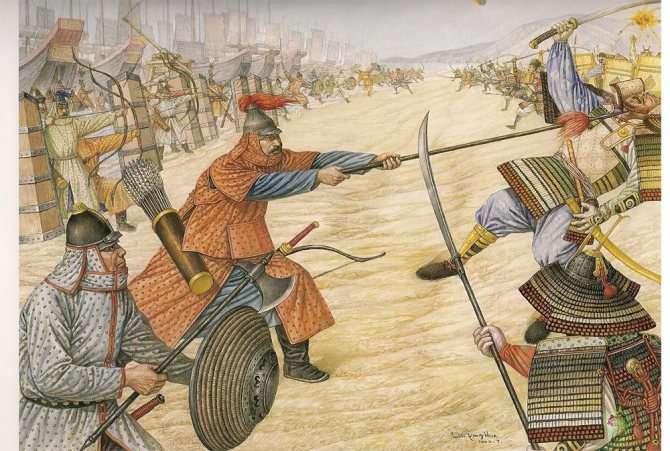 Сражение морского десанта монголов и японских самураев на побережье Японии